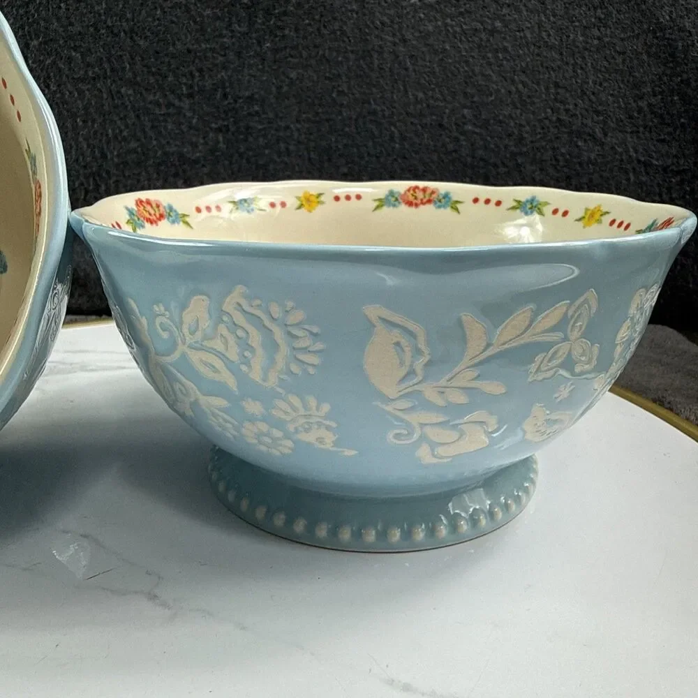 The Pioneer Woman Sweet Rose 6.25 Inch Ceramic Bowls Set of 2 Scalloped Blue New